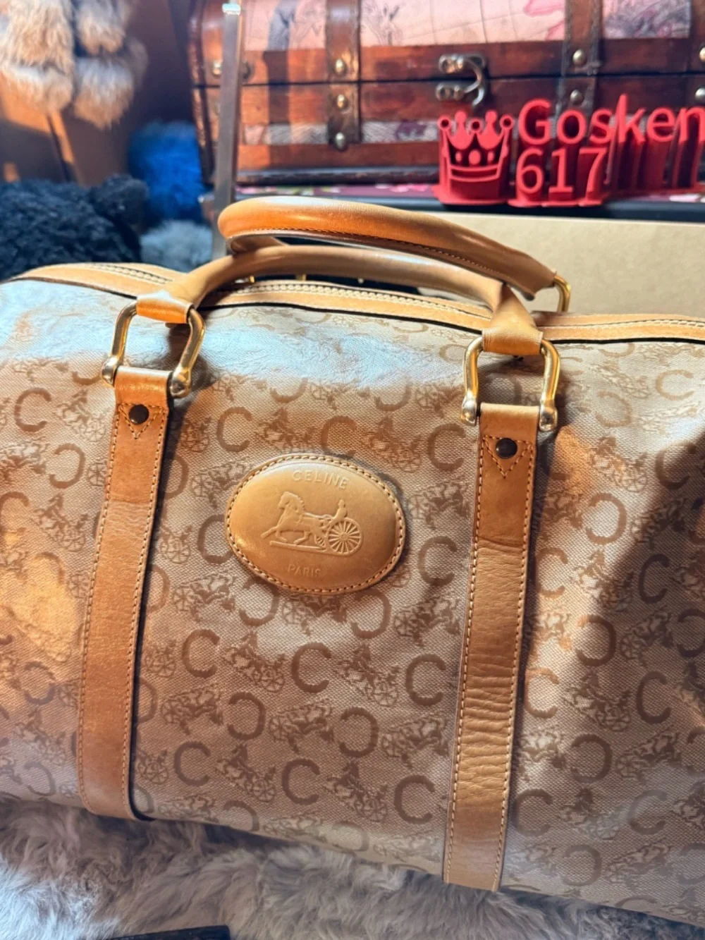Celine Vintage Tan Monogram Travel Duffel